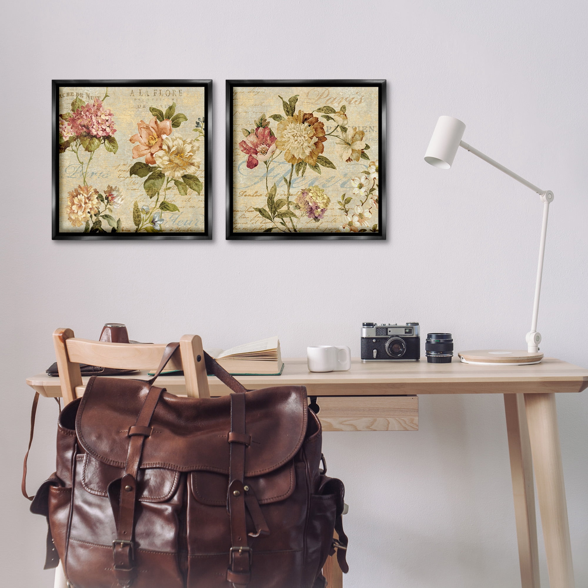 Stupell Industries Vintage French Floral with Script Botanical & Floral Painting Black Floater Framed Canvas Art Print Wall Art, 18 x 18, Set of 2