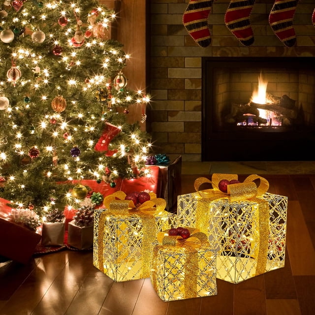 Fiudx Luces Navideñas para Caja de Regalo, Diseño de Cinta Iluminada, Cuentas Led Luminosas, Decoración para Interiores y Exteriores, Fiestas Navideñas, Funciona con Pilas, Juego de 3, Varios Tamaños