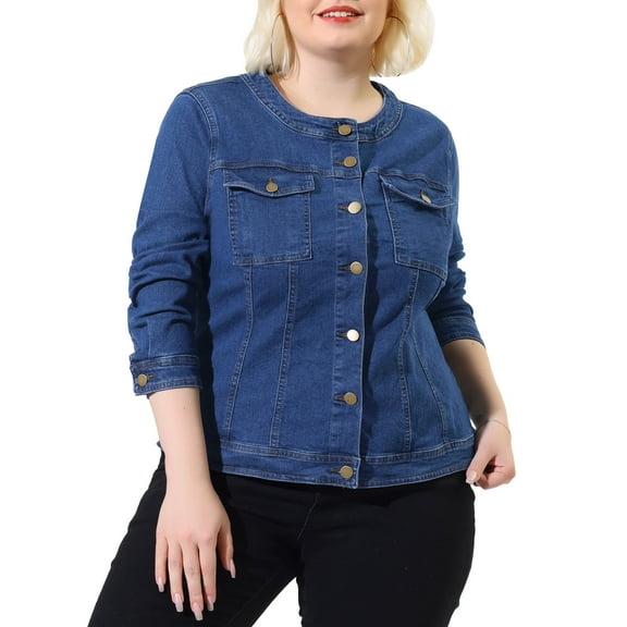 Agnes Orinda Women's Plus Size Long Sleeves Collarless Denim Jacket