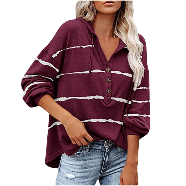 Blusa informal de manga larga para mujer, cuello en V, botones estampados a rayas, camisas con capucha, Tops, sudaderas Fridja ghj987+6372