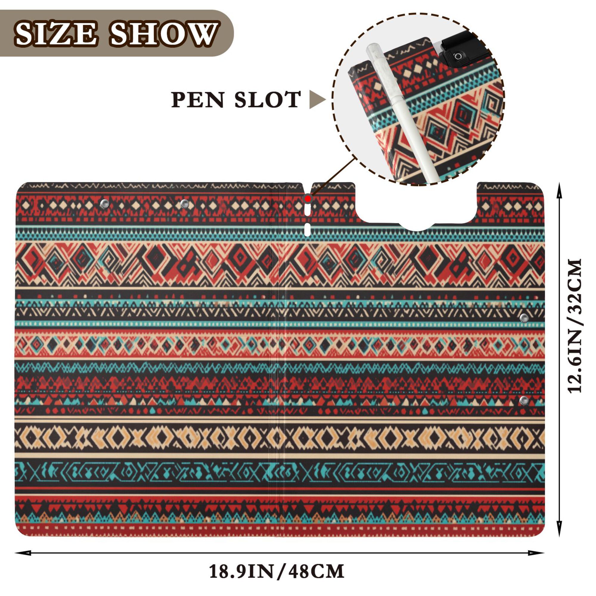FORMRS A4 Clipboard Folder with Pen Holder Horizontal Foldable School Office Binder, Tribal Geometric