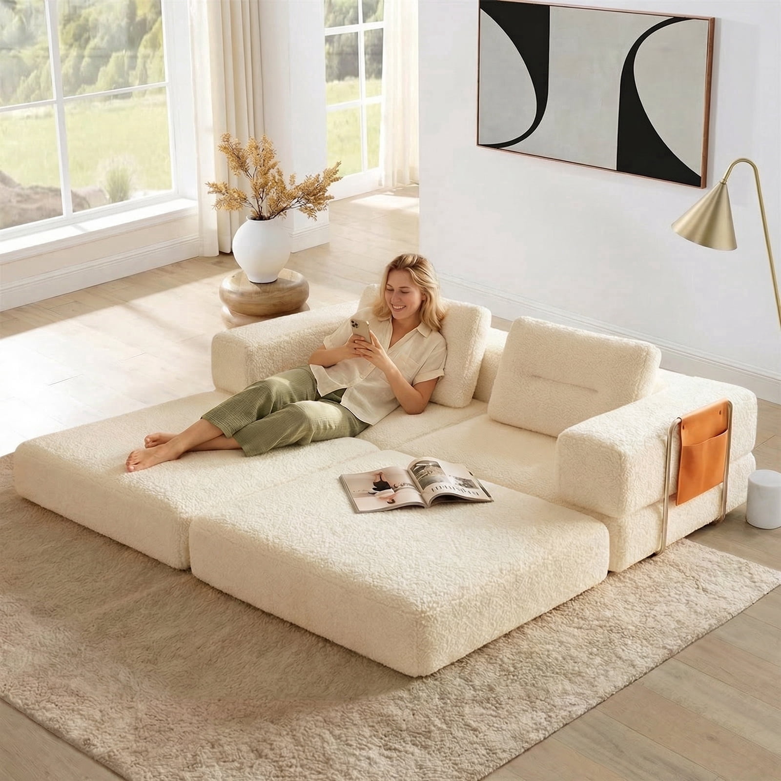 Pinmoco 81.5" Convertible Sofa Bed, Modular Sectional Sleeper Sofa for Living Room, Foldable Couch Bed with Pillows and Storage, No Assembly Required, Teddy Fleece Beige