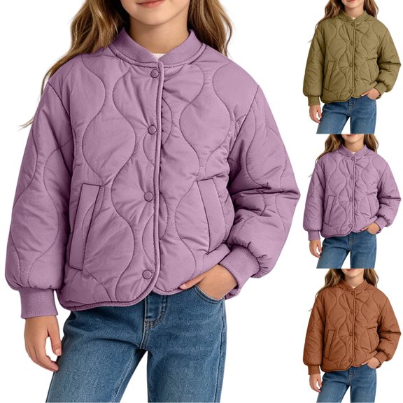 Spazoro Girls Quilted Bomber Jacket with Side Pockets, Stand Collar Snap Button Warm Long Sleeve Casual Padded Outerwear Coat Purple Size 7-8