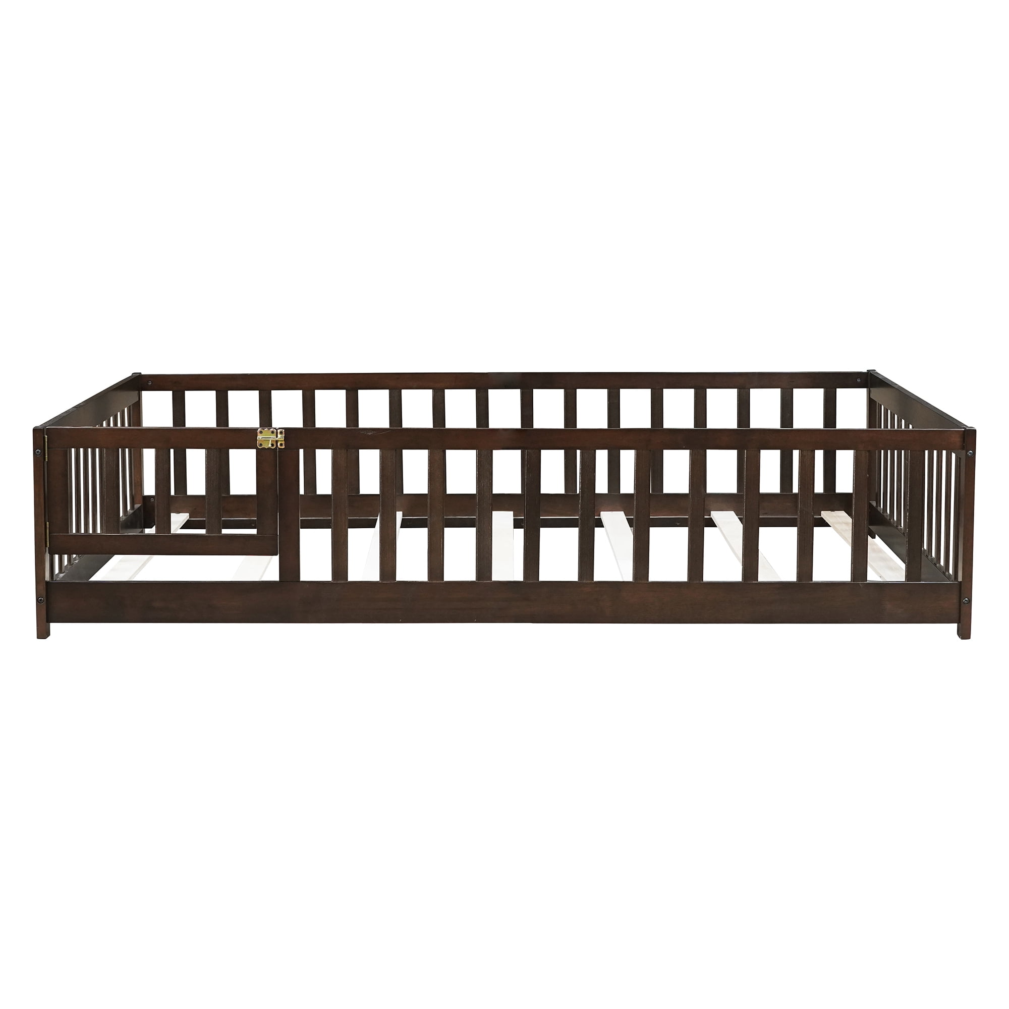 Full Size Floor Bed with Fence and Door,Rubber Wood Floor Bed with Safety Guardrails,Espresso