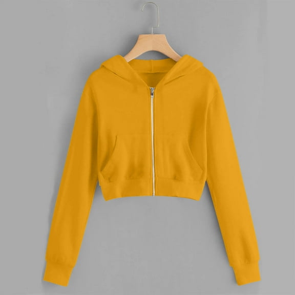 Girls's Cropped Hoodies Long Sleeves Fleece Crop Top Sweatshirt with Hooded Yellow 13-14 Years