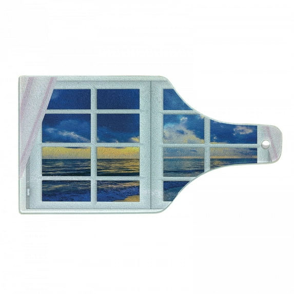Landscape Cutting Board, Sunset on the Sea Scenery from Window with Open Curtains Horizon Silence Relaxing, Tempered Glass Cutting and Serving Board, Wine Bottle Shape, Blue White, by Ambesonne
