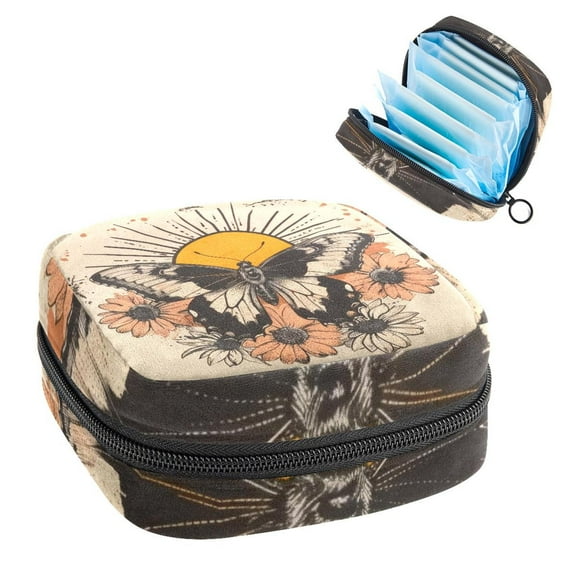 1Pc Cute Period Bag Menstrual Cup Pouch, Large Storage Bag Sanitary Purse for Sanitary Napkin Pads, Vintage Butterfly with Sun Flowers Pads Organizer for Girls Women