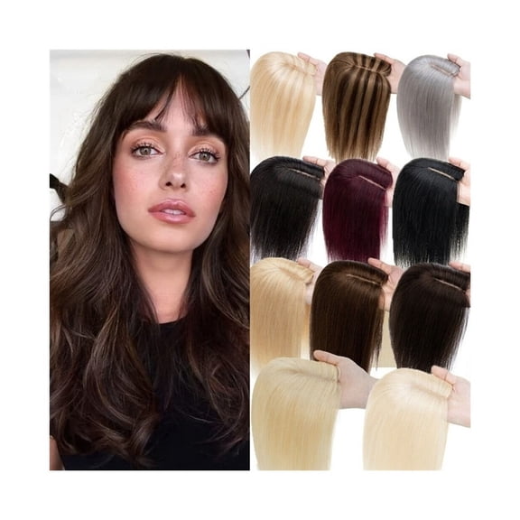 Hair Topper for Women, Real Human Hair Toppers with Bangs,12x13cm Breathable Lace Base 3 Clips In Brazilian Remy Hair Straight Hair Pieces