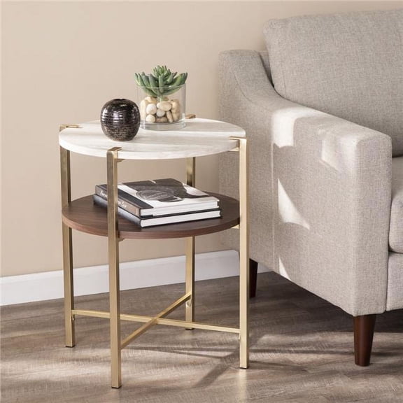 HomeRoots 402470 24 in. Manufactured Wood & Iron Round End Table with Shelf, Brass