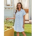 thumbnail image 3 of Women'S Summer Cotton and Linen V-Neck Button Casual Short Sleeve Loose Waist Shirt Dress Striped Light Blue L, 3 of 6