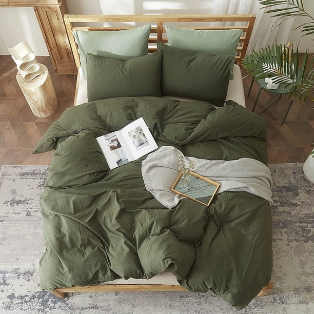 Parure De Lit 100% Lin Vert Foncé - Housse Couette 135x200 + Taie 80x80 - Fermeture Éclair Et Rabat - Naturel