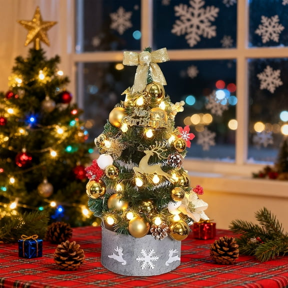 Zawou 30cm Artificial Christmas Tree, Potted Mini Christmas Tree with LED Lights & All kinds of Ornaments, PreLit Tabletop Christmas Tree for Indoor Desk Room Office Home Decor Xmas