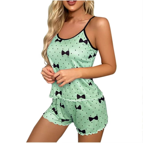 Pajama Sets for Women Akafmk Womens Pajama Sets,Camisole Pajamas for Women Set,Fashion Women Print Color Round Neck Camisole Sleeveless Shorts Pajama Set