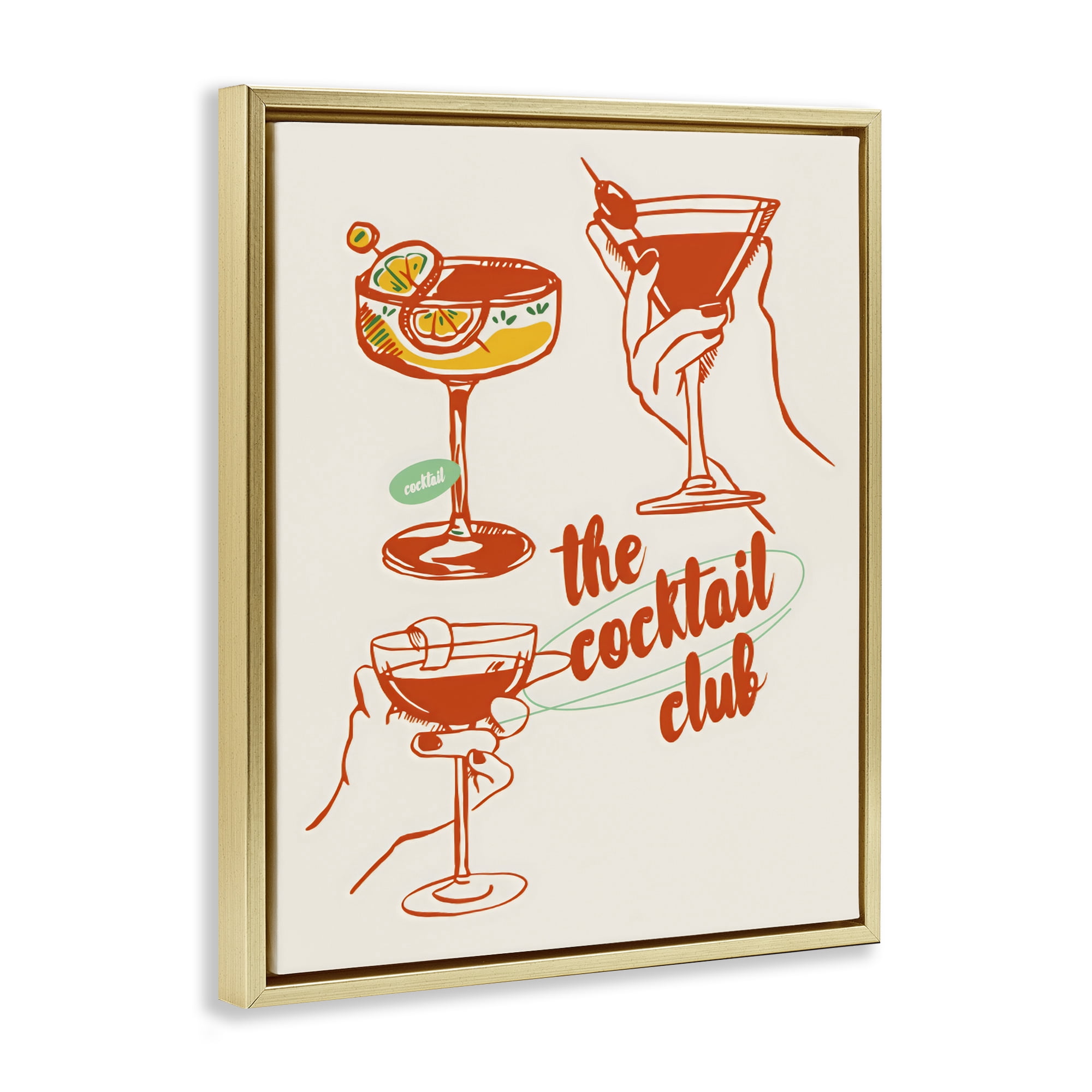 Stupell Industries Cocktail Club Toasting Glasses Gold Framed Floater Canvas Wall Art, design by The Prints Vibe