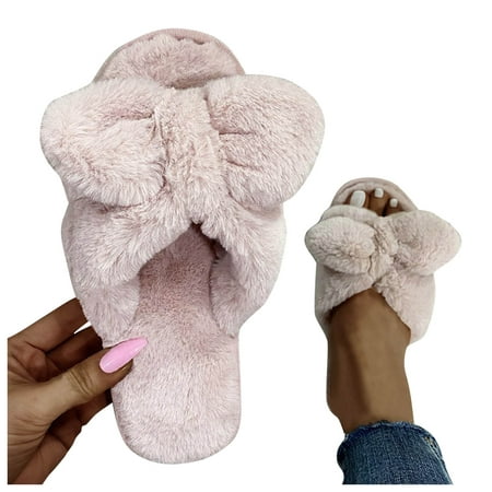 

A1 new home gifts for home Women s Fashion Bowknot Warm Pure Color Comfortable Plush Cotton Slippers Furry Pink