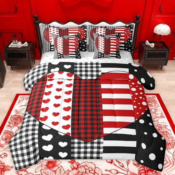 jejeloiu Cute Loves Pattern 7-Piece Twin Bedding Sets,Modern Geometric Plaid Bedding Comforter Set,Red White Black Sheet Sets For Men Women,Ultra Soft Home Decor Reversible