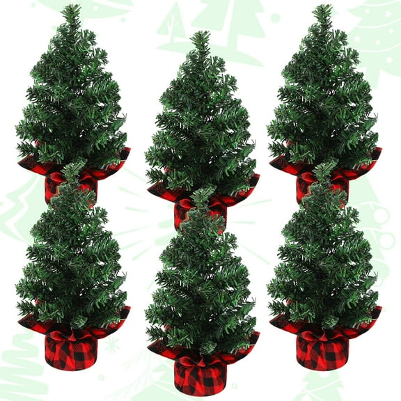 6-Pack 12-Inch Mini Tabletop Artificial Christmas Trees, Xmas Trees with Red & Black Plaid Bow Base, Holiday Table Centerpieces for Home, Kitchen, Dining, Office, Indoor Christmas Decoration