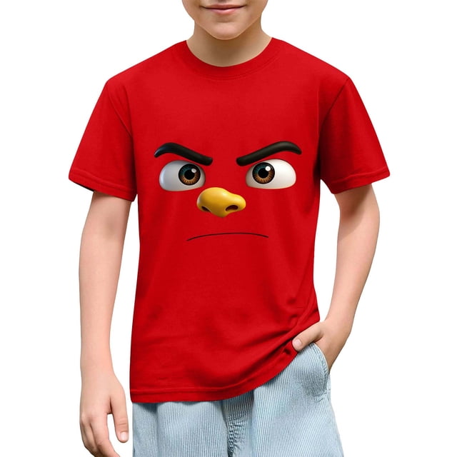 Blusas y camisas de manga corta con cuello redondo para niños y niñas, color liso, con estampado de expresión linda, manga corta, holgadas y cómodas, blusa para niña