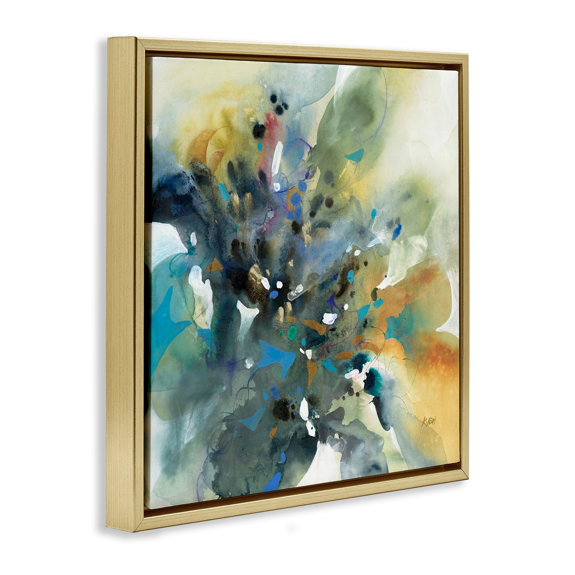 Stupell Industries Abstract with Ink Droplets Abstract Painting Gold Floater Framed Canvas Art Print Wall Art, 18 x 18