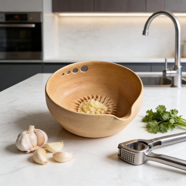 Birdeem Handmade Ceramic Garlic Grater and Herb Bowl,2-In-1 Kitchen Tool with Built-In Grating Surface for Fresh Garlic and Herbs,Easy To Clean and Store