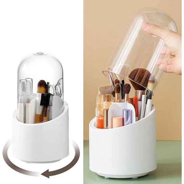 Blanco) Caja para brochas de maquillaje con cubierta antipolvo, organizador de maquillaje giratorio 360 (rotación de 360 grados con cubierta)