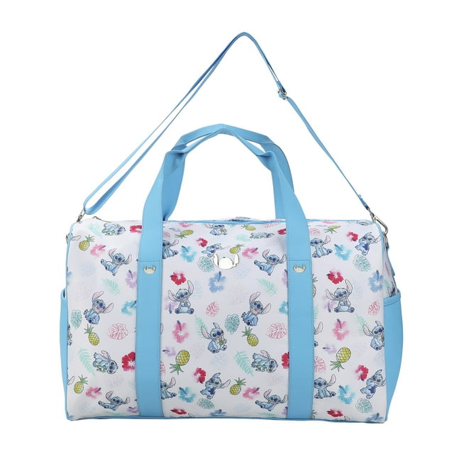 Disney Stitch Tropical Pattern White Duffel Bag with Blue Straps