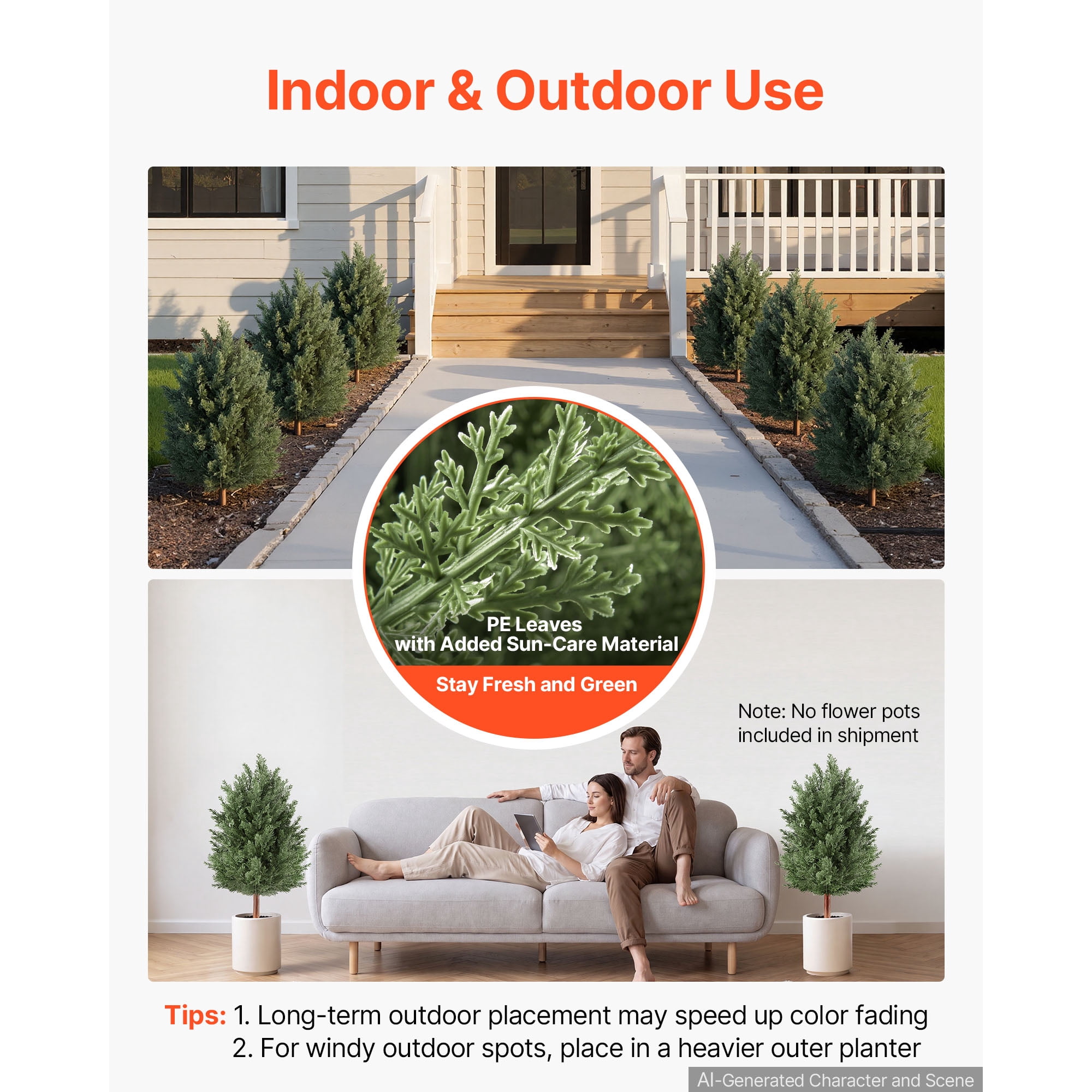 KFFKFF Artificial Topiary Cedar Bush 3 Ft Set of 2 Greenery Faux Shrubs, PE Decorative Trees with Ground Spikes, Indoor & Outdoor Green Plants for Entryway, Porch, Balcony, Patio, Garden