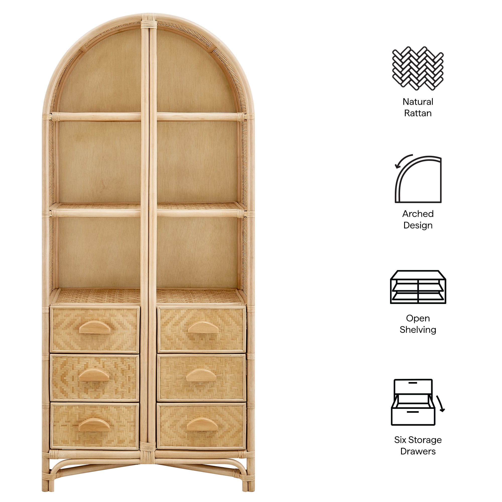 Jane 71 Inch Tall Arched Natural Rattan Bookshelf in Natural