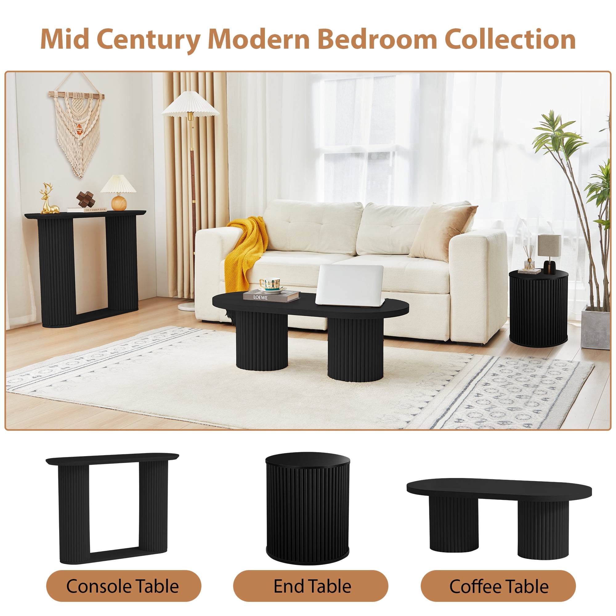 Wirrytor Round Side Table for living room, Fluted End Table for Small Spaces, Mid Century Modern Small Accent Tables, Bedside Table, Couch Side Table, Nightstand for Bedroom Couch,Black