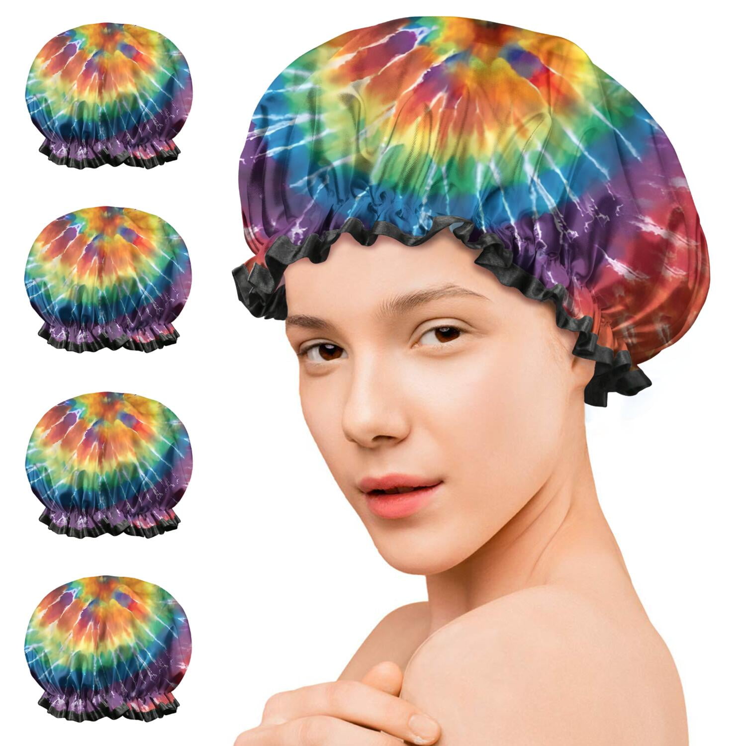 Shower Caps,Colorful Tie Dye Pattern Waterproof Shower Cap for Women 4 Pieces,Double Reusable Hair Cover for Shower PEVA Elastic Stretch Hem