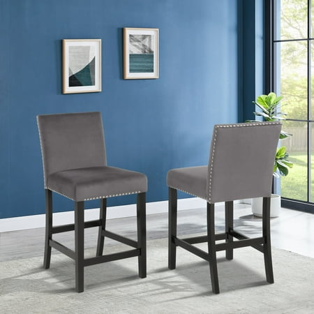 Cobre Contemporary Velvet Counter Stool with Nailhead Trim  Set of 2  Gray