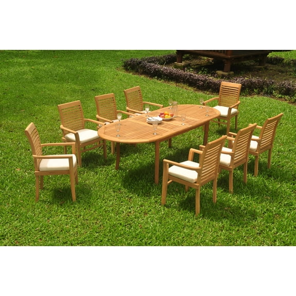 Grade-A Teak Dining Set: 8 Seater 9 Pc: 94" Double Extension Oval Table And 8 Mas Stacking Arm Chairs Outdoor Patio WholesaleTeak #WMDSMS23