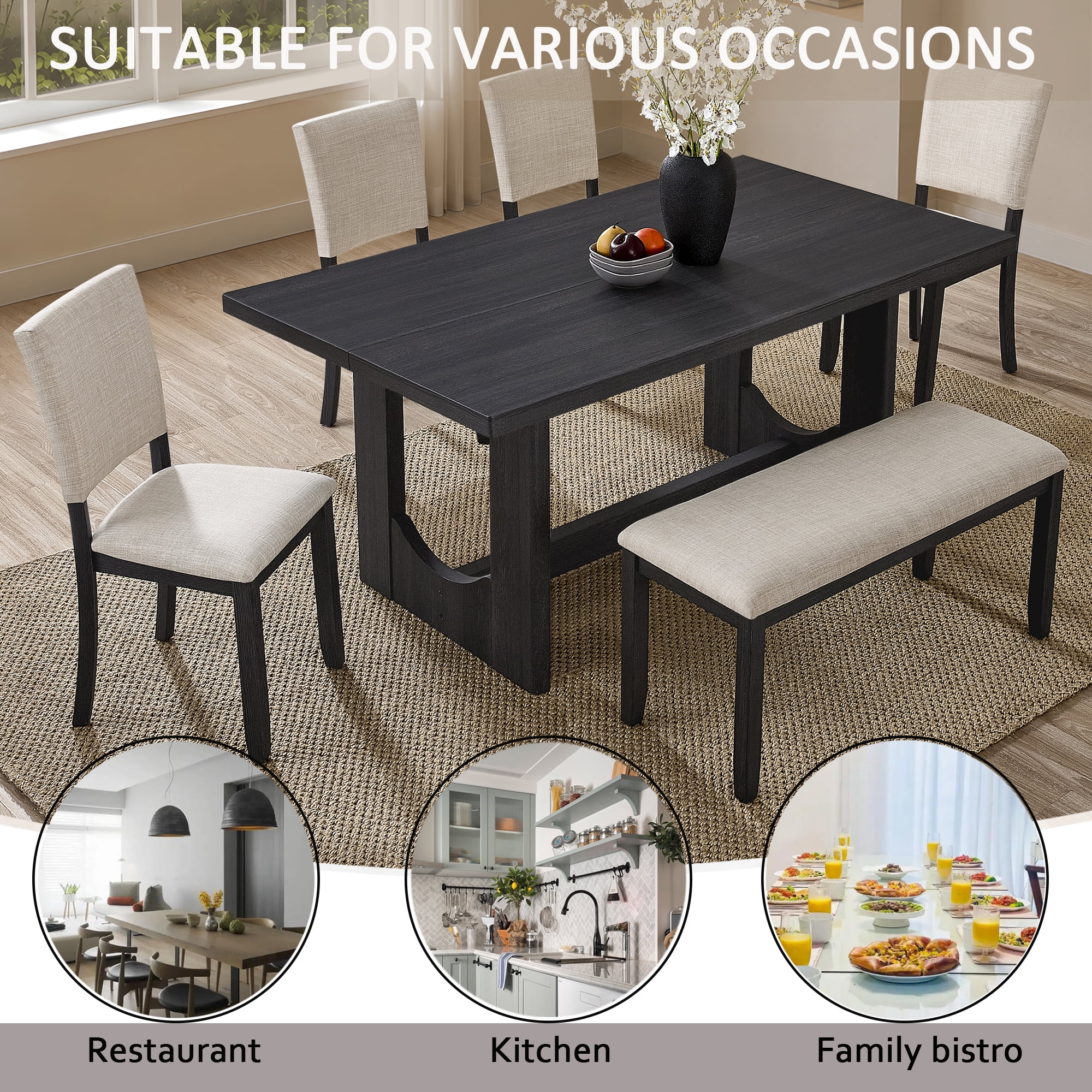 6-Piece Dining Table Set for 6, 57" Wood Rectangular Kitchen Table with 4 Chairs & Bench