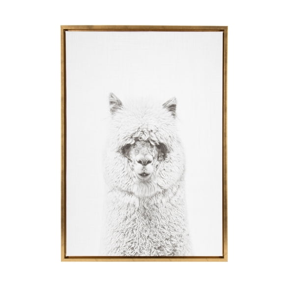 Kate and Laurel Sylvie Hairy Alpaca Black and White Portrait Framed Canvas Wall Art by Simon Te Tai, 23x33 Gold
