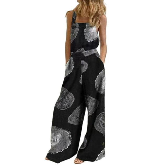 Innerwin Combinaison Longue Imprimée Florale pour Femmes Pantalon Large Été Sans Manches Ample une Pièce Combinaison Noire A S