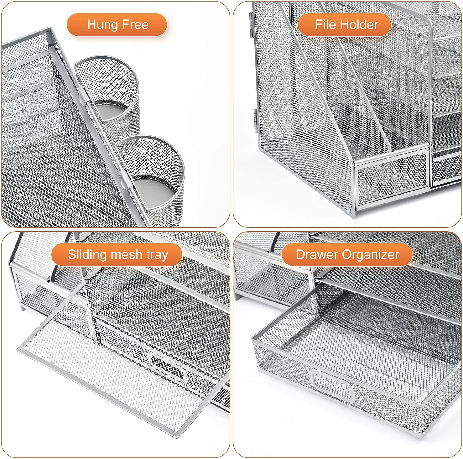 Marbrasse 5-Tier Desk Organizer with File Holder, Drawer, and Pen Holders - Mesh Desktop Storage for Office Supplies and Magazines (Silver)
