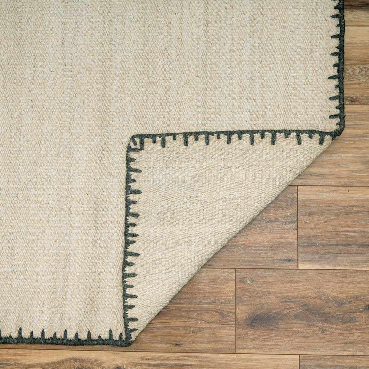 Hauteloom Sancerre Boho Hand Woven Natural Fiber Wool Area Rug - Farmhouse Solid Color Bordered Carpet for Living Room, Bedroom, Dining Room - Ivory, Cream, White, Green - 2' x 3'