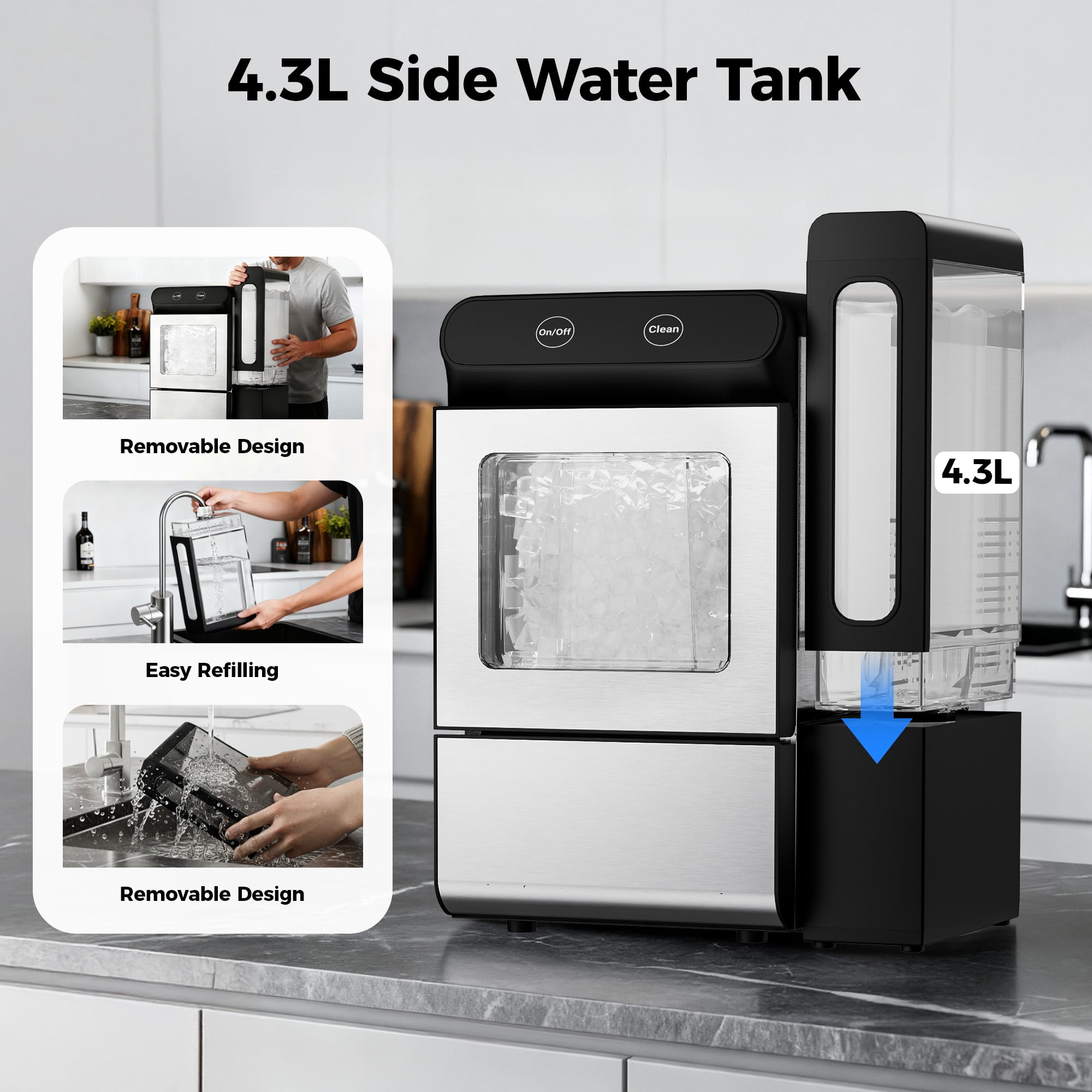 Simzlife Nugget Ice Maker Countertop 26.5 lbs/24H, Self- Cleaning Countertop Ice Machine, 1.7 Qt Water Tank, Stainless Steel, Soft Chewable Pellet Ice for Home/Kitchen/Party