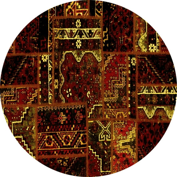 Ahgly Company Machine Washable Indoor Round Patchwork Yellow Transitional Area Rugs, 7' Round