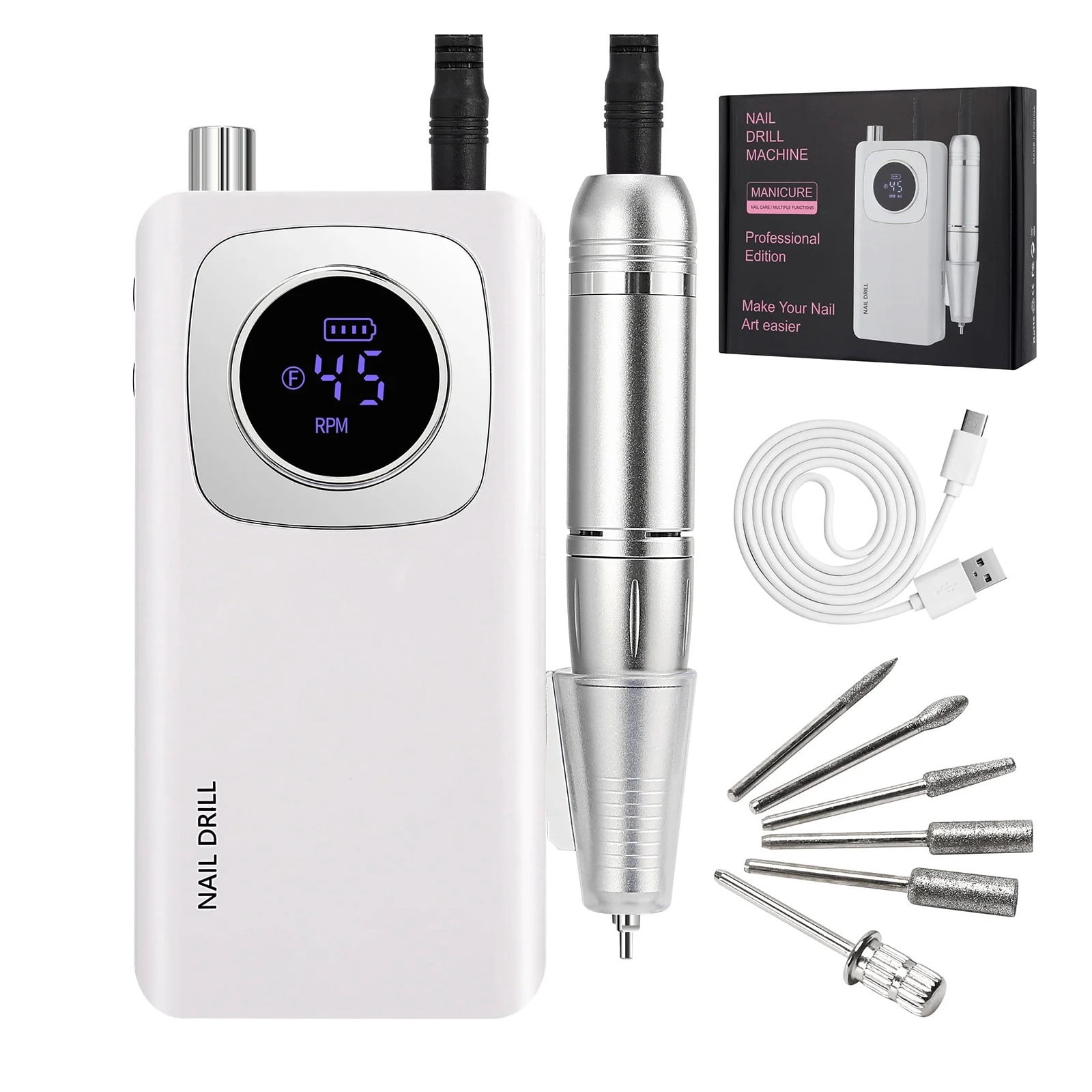 Professional 45000RPM Electric Portable Nail Drill Machine Rechargeable Low Noise Nail Sander File for Manicure Salon Tool
