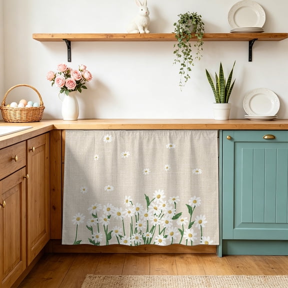 Spring Floral Sink Skirt 11"Wx13"L,Dustproof Under Sink Curtain with Self Adhesive Tape,White Daisy Farmhouse Linen Texture Cabinet Curtain Cover for Bathroom Vanity,RV,Kitchen Cabinet Storage Shelf