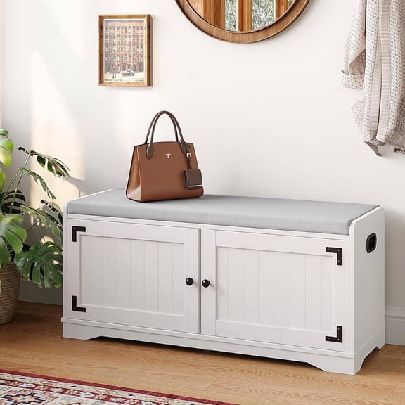 Erinnyees 39.4" Wide 2-Tier Shoe Bench with Padded Seat, Storage Cabinet for Entryway, Hallway, Bedroom or Closet, White