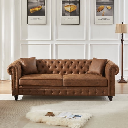 FFZ 85.5 inch Chesterfield Sofa with Tech Fabric, Rolled Arms and Button Design, 3 Seater, Brown