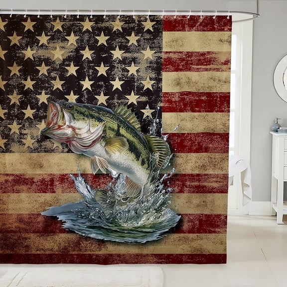 Manfei Vintage Bass Fish Shower Curtain 72Wx78L, Rustic American Flag Bath Curtain, Red Navy Beige