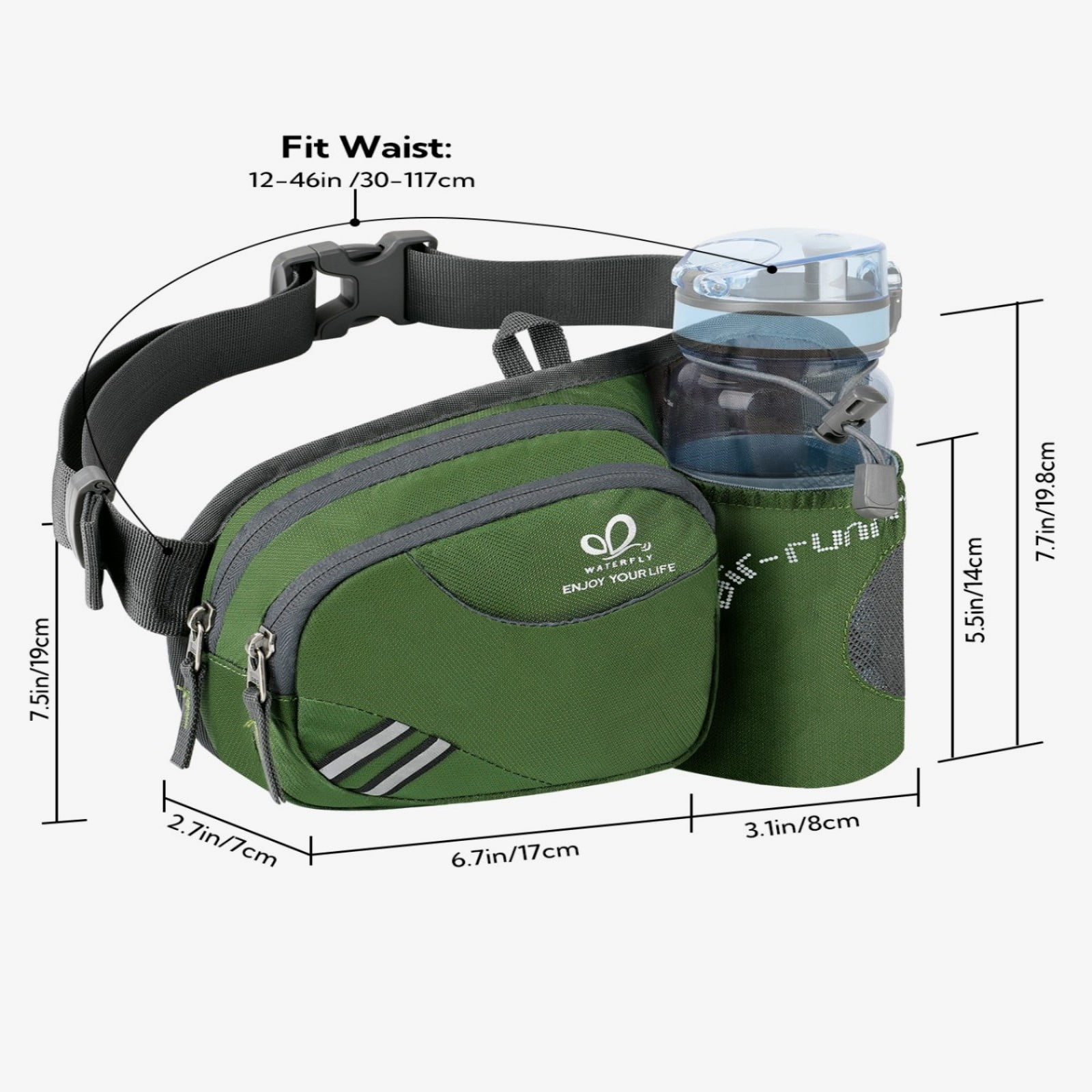 WATERFLY Unisex 3.5L Nylon Fanny Packs with a Water Bottle Holder Travelling Hiking Walking,Army Green