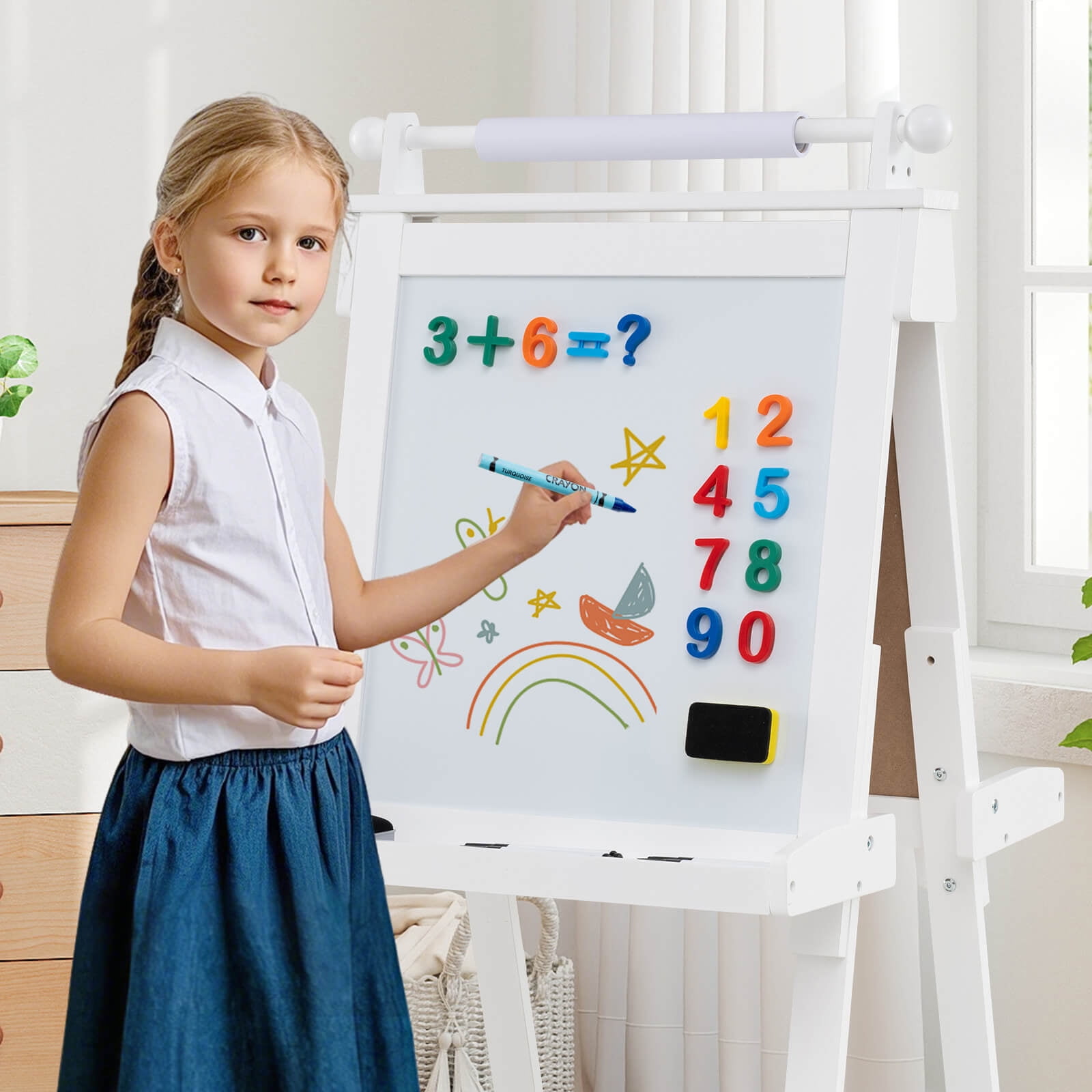 Costway Foldable Easel for Kids 3-in-1 Double-sided Art Easel with Chalkboard White