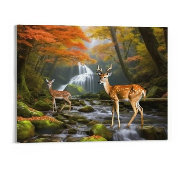 ONETECH Nature Wall Art Canvas Red Maple Leaf Painting Deer Animal Artwork Forest Landscape Print Autumn Fall Scenery Home Decor - 20x16 Inch