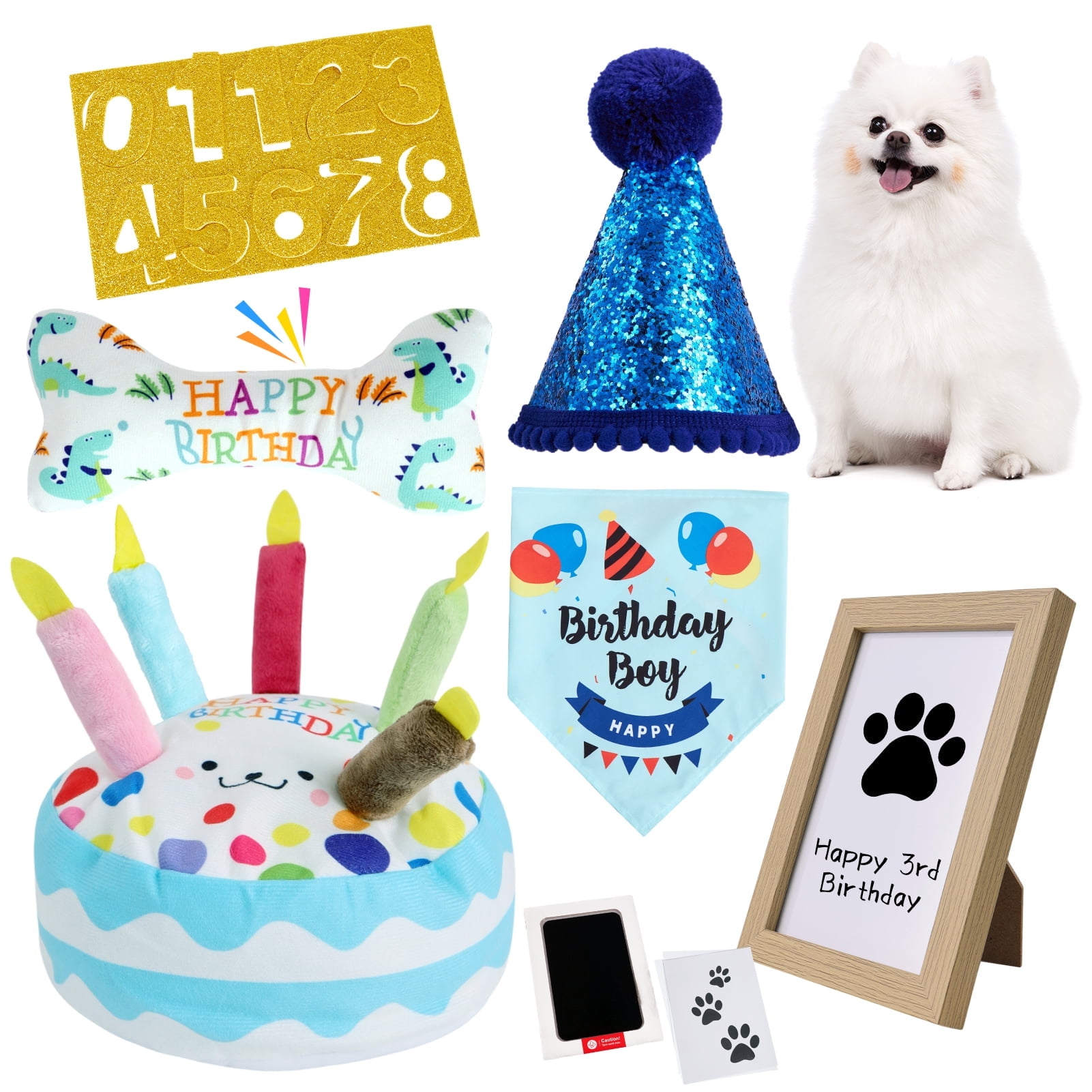Easy Joy Dog Birthday Toy Set & Decorations for Dogs, Includes Squeaky Cake Toy, Plush Bones, Birthday Hats, Bandana, Paw Print Kit & Photo Frame. Dog Birthday Gift Supplies, Blue