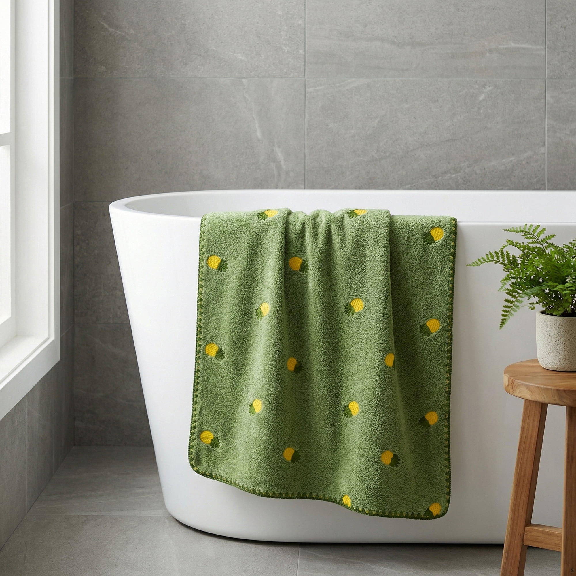 Unique Bargains Soft Coral Fleece Fruit Embroidery Bath Towel 2 Pack Green/White 55"x28"