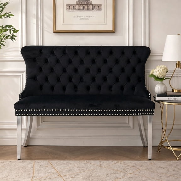 Aoowow Velvet 2 Seat Dining Bench Black Silver Legs